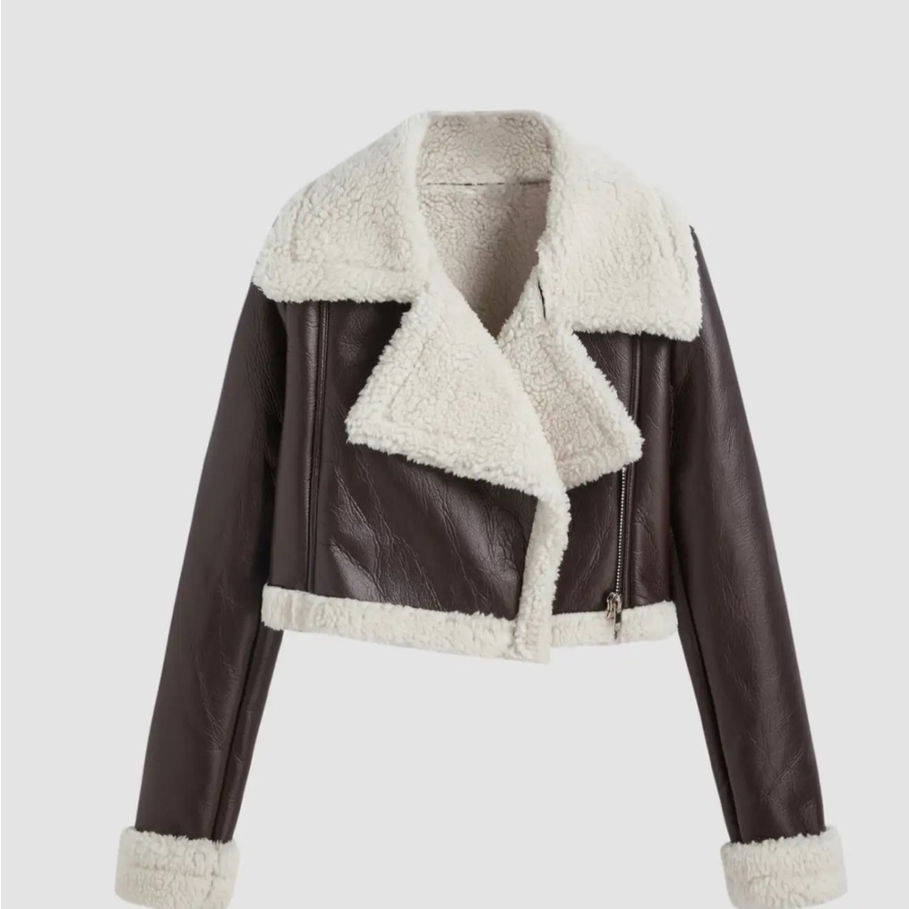 FLEECE DROP SHOULDER ZIPPER BIKER CROP JACKET